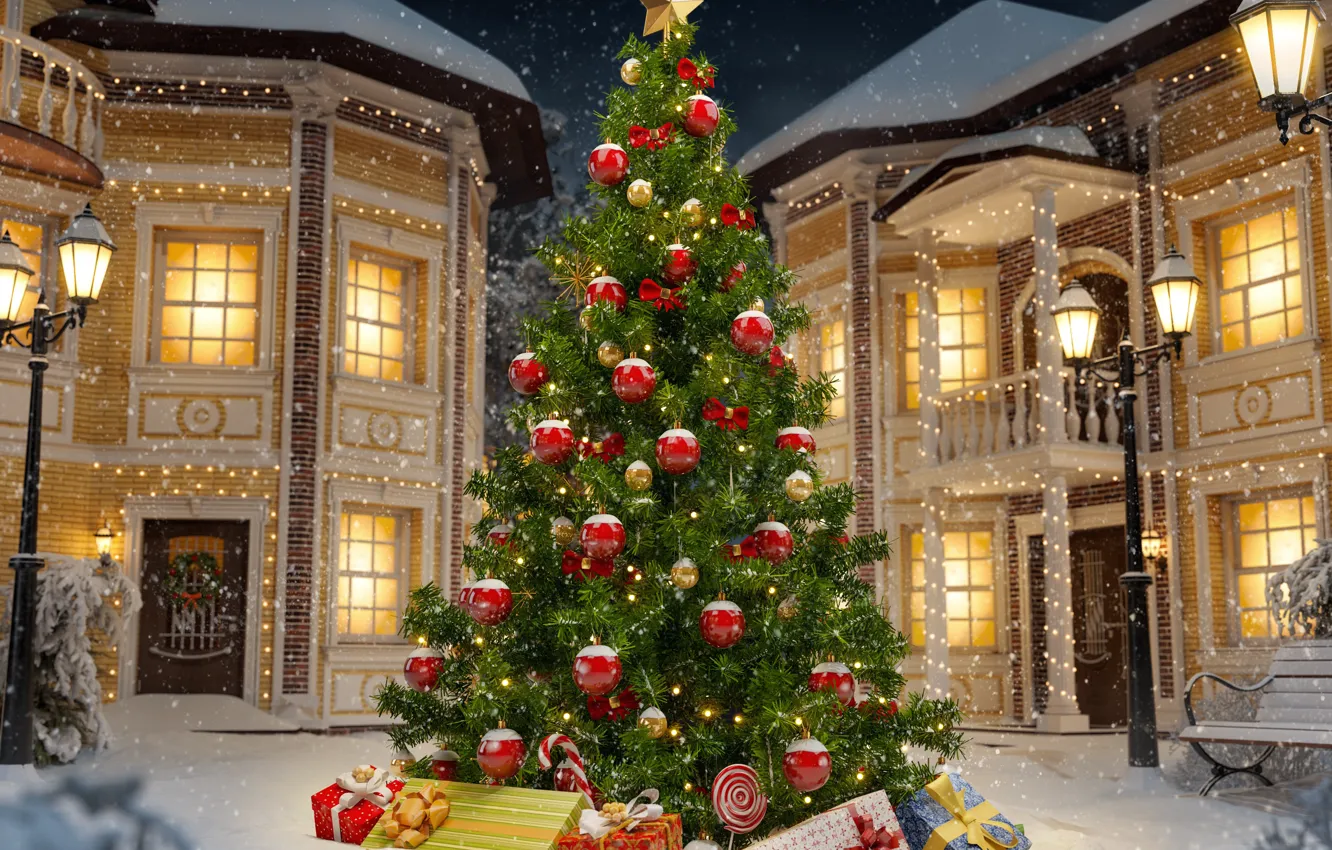 Photo wallpaper Christmas, winter, snow, decoration, Christmas tree