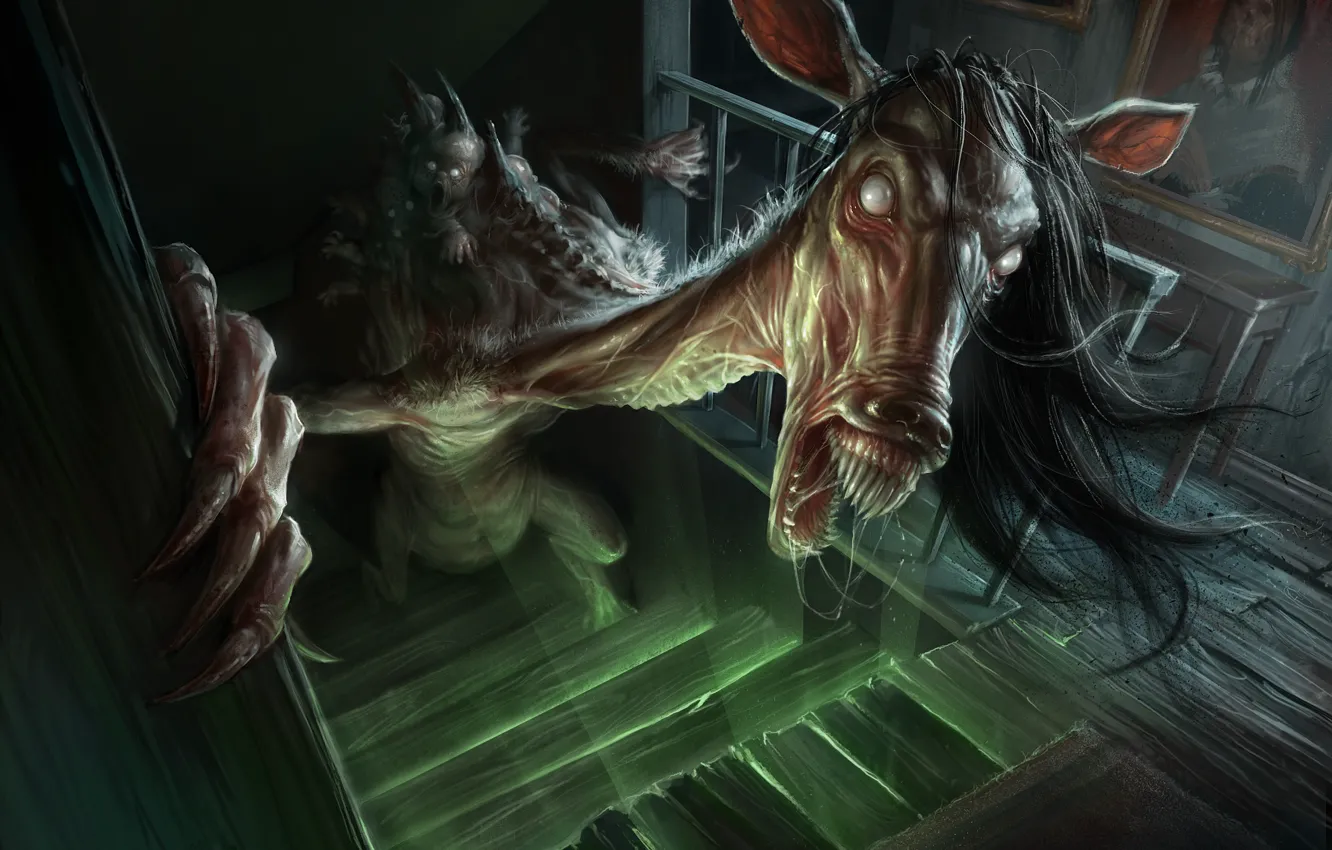 Photo wallpaper horse, creepy, stairs, humanoid creature, demoniac