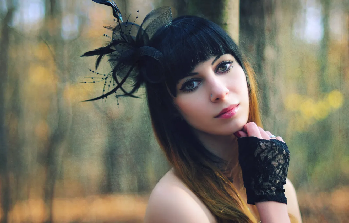 Photo wallpaper forest, look, girl, trees, face, style, background, portrait