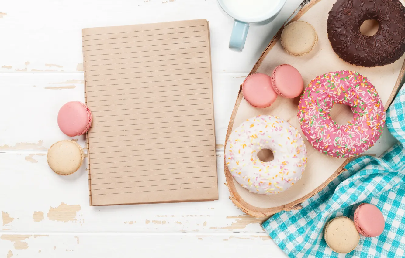 Photo wallpaper Breakfast, morning, donuts, wood, pink, good morning, breakfast, with love