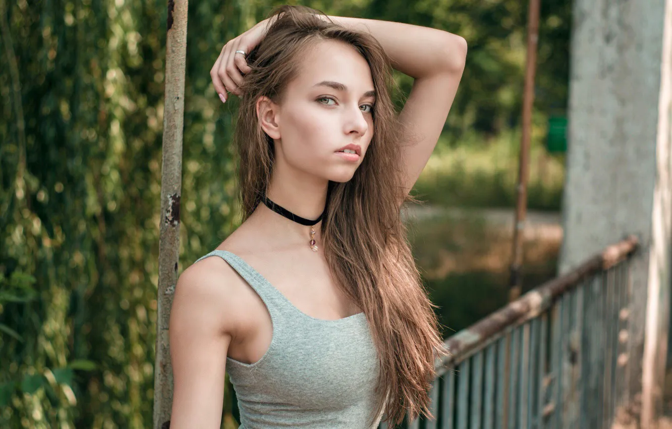 Photo wallpaper look, girl, face, Park, sweetheart, portrait, collar, gentle