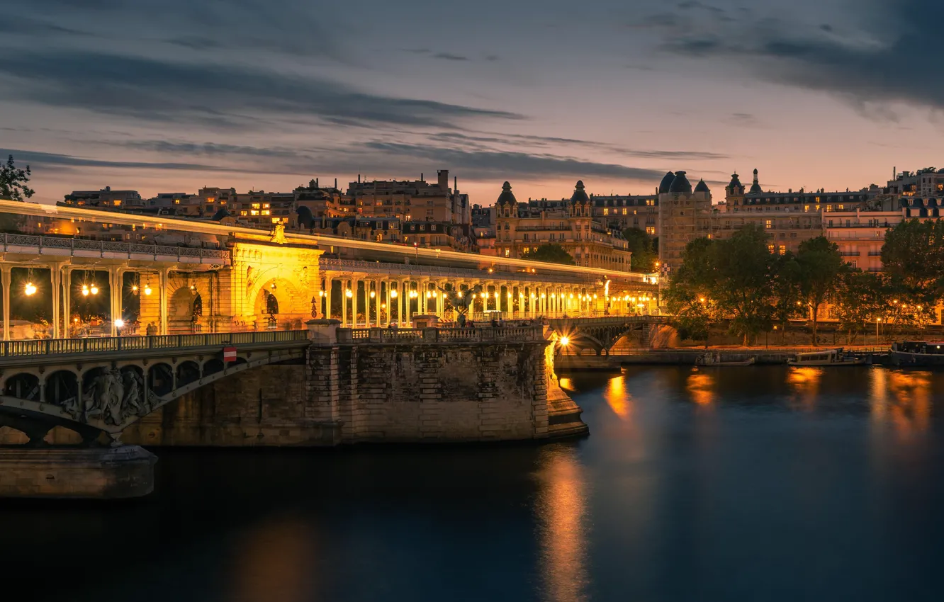 Photo wallpaper the sky, clouds, light, night, bridge, the city, lights, France