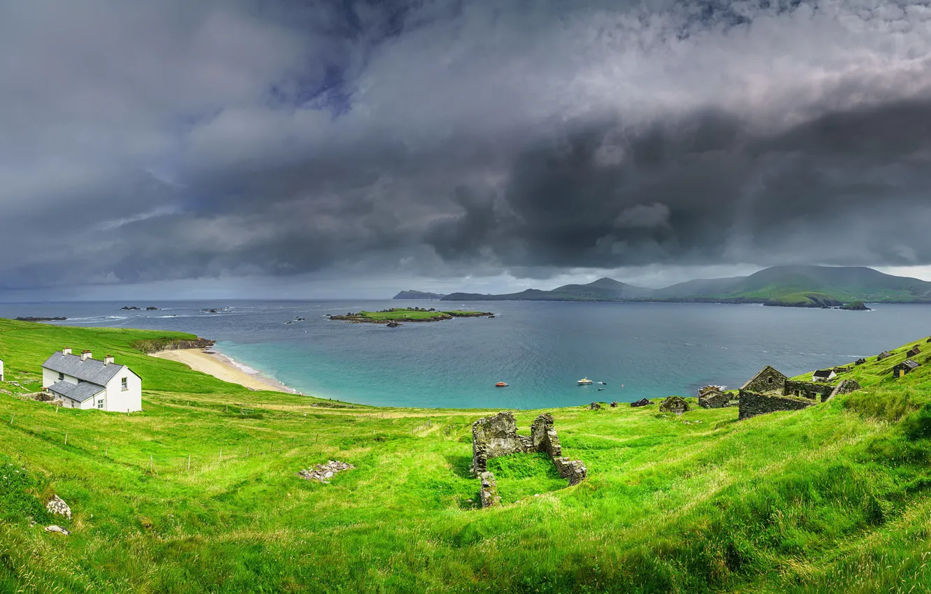 Photo wallpaper sea, the sky, grass, water, nature, coast, home, Ireland