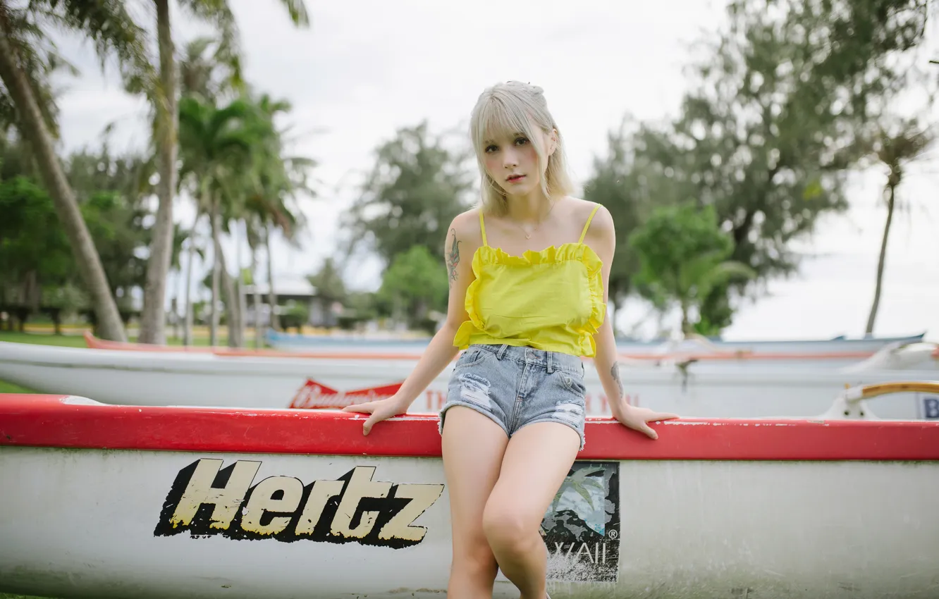 Photo wallpaper beach, look, trees, pose, palm trees, model, boat, shorts