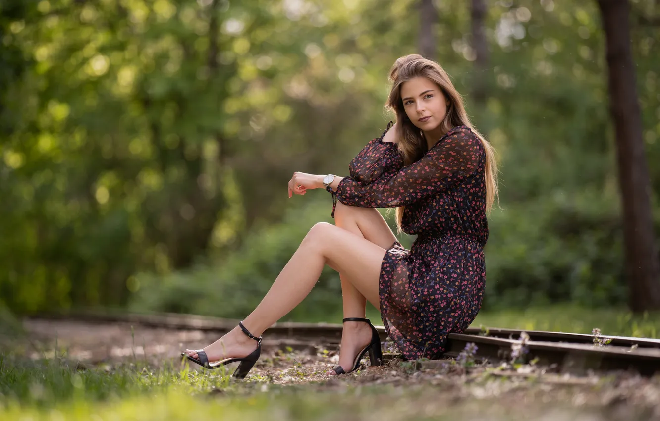 Photo wallpaper rails, legs, gesture, cutie, posing, bokeh, sandals, sitting