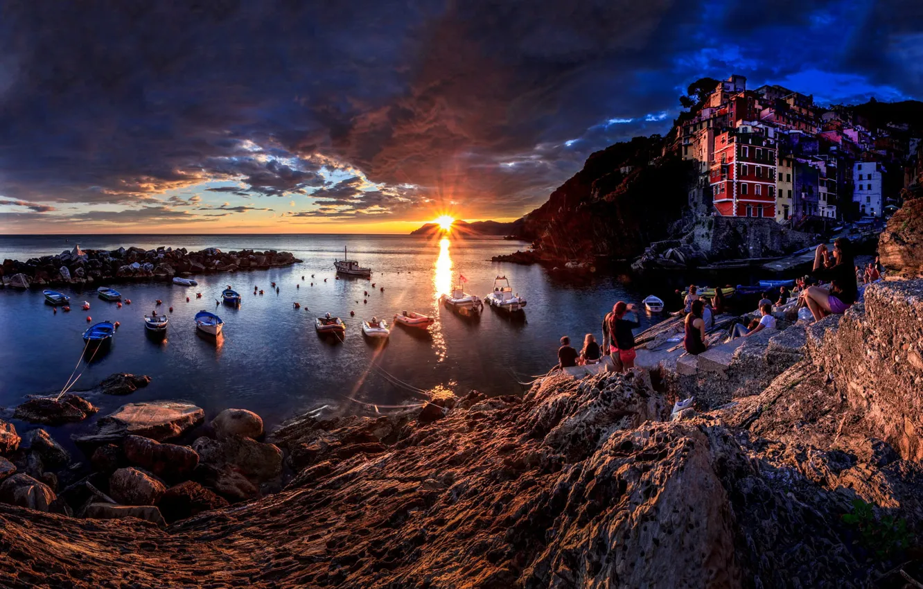 Photo wallpaper sea, the sun, rays, landscape, sunset, clouds, rocks, boat