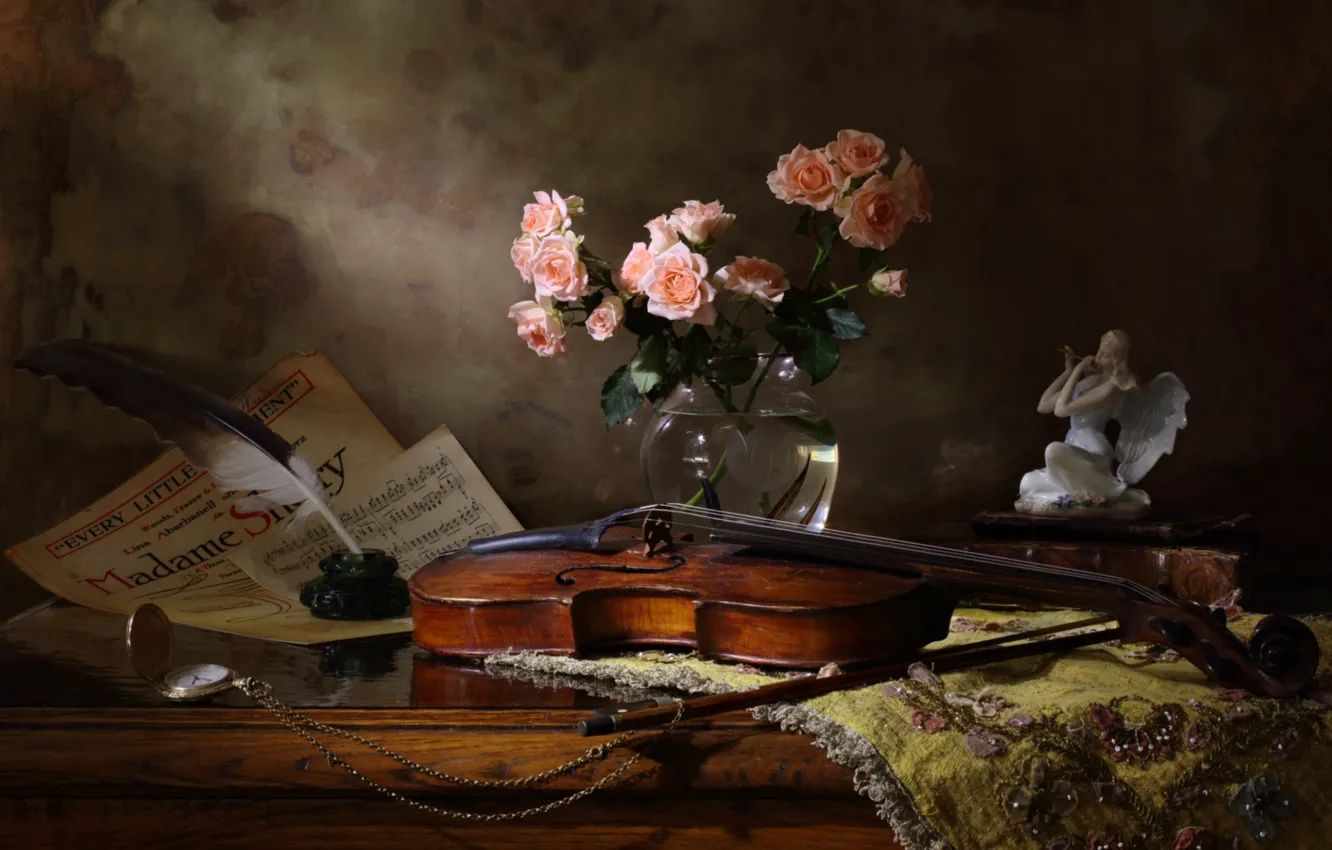 Photo wallpaper violin, watch, roses, angel, figurine, still life