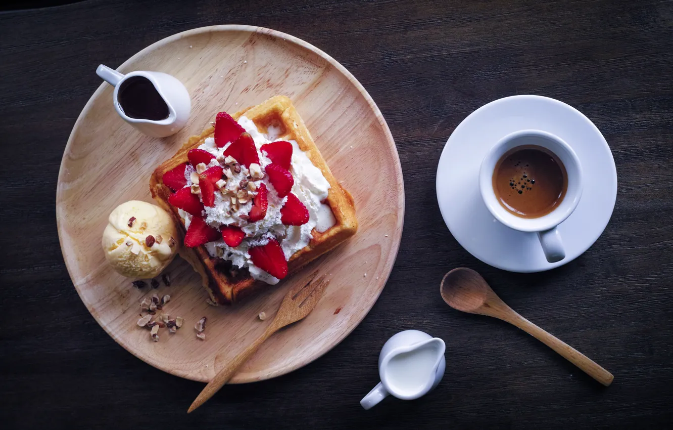 Photo wallpaper coffee, chocolate, milk, strawberry, ice cream, nuts, dessert, sweet