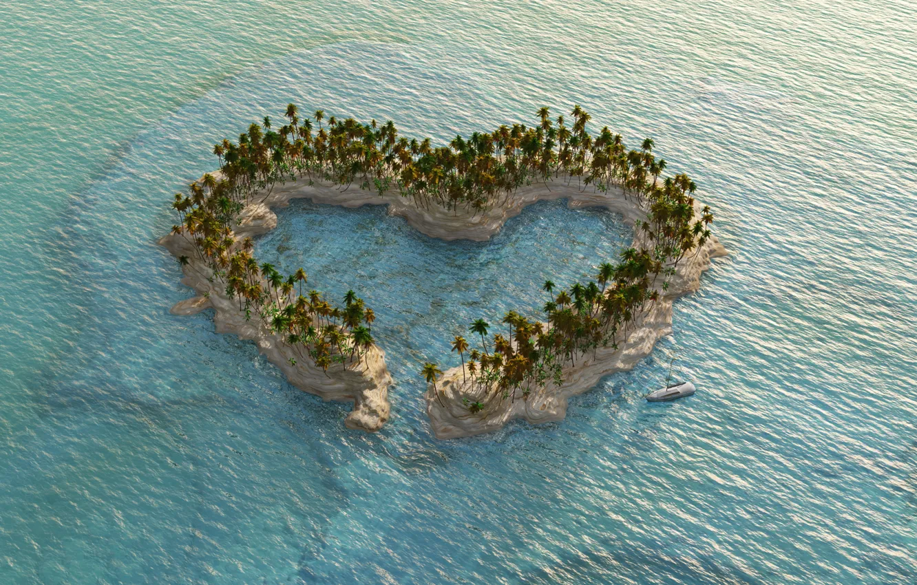 Photo wallpaper Nature, Sea, Heart, Island, Palm trees, USA