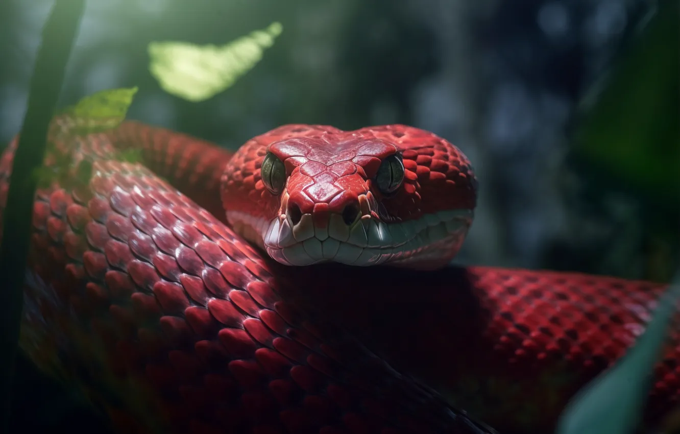Photo wallpaper Look, Snake, Trees, Leaves, Eyes, Face, Jungle, Reptile