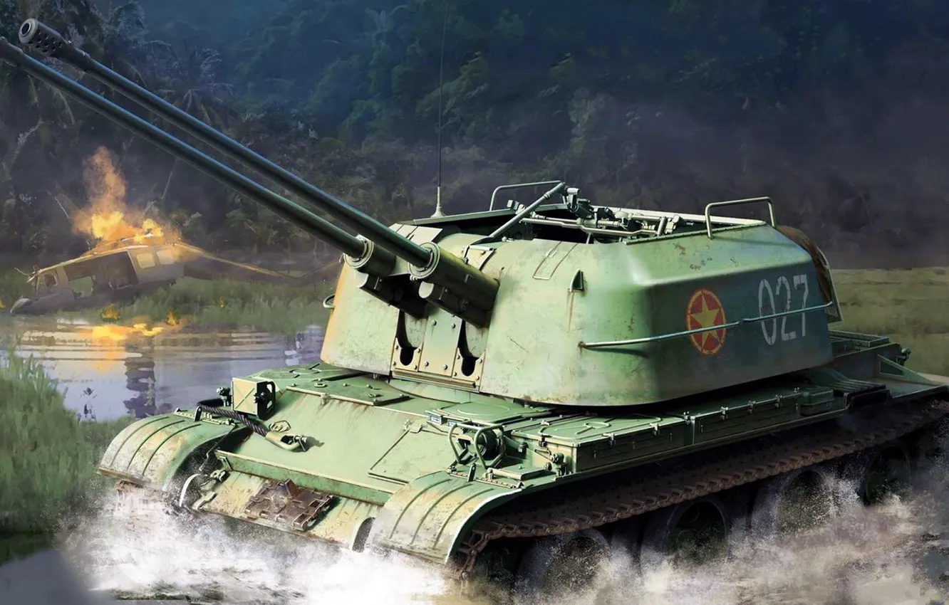 Photo wallpaper figure, Vietnam, ZSU-57-2, Paired, Soviet anti-aircraft self-propelled artillery installation, double-barreled