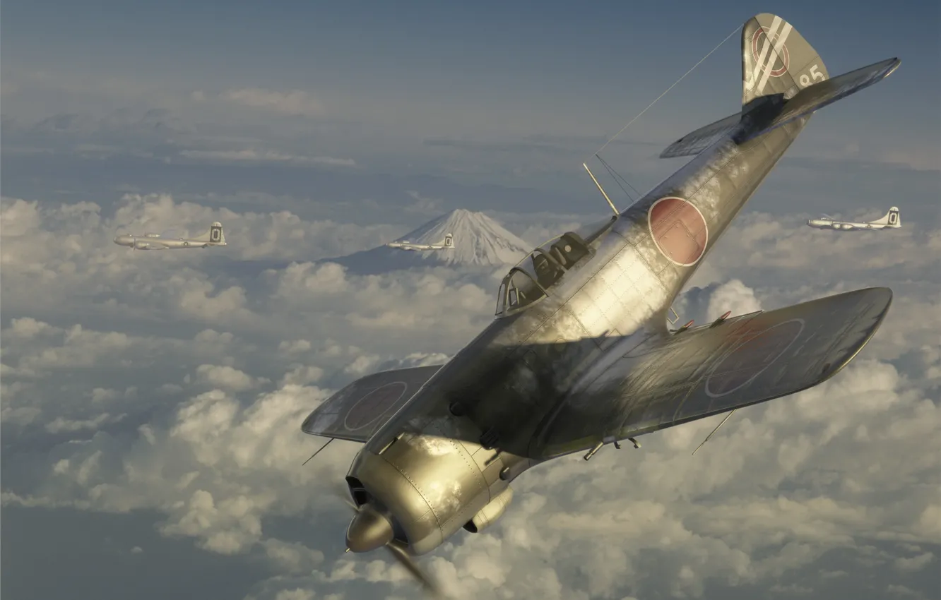 Photo wallpaper clouds, flight, art, aircraft, in the sky, Ki-84