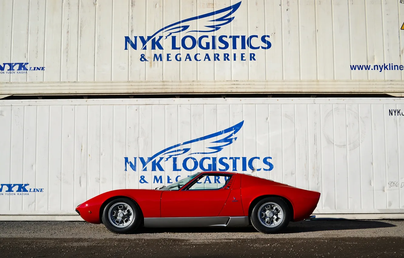 Photo wallpaper red, Lamborghini, container, profile, red, Miura, Lamborghini, Micra