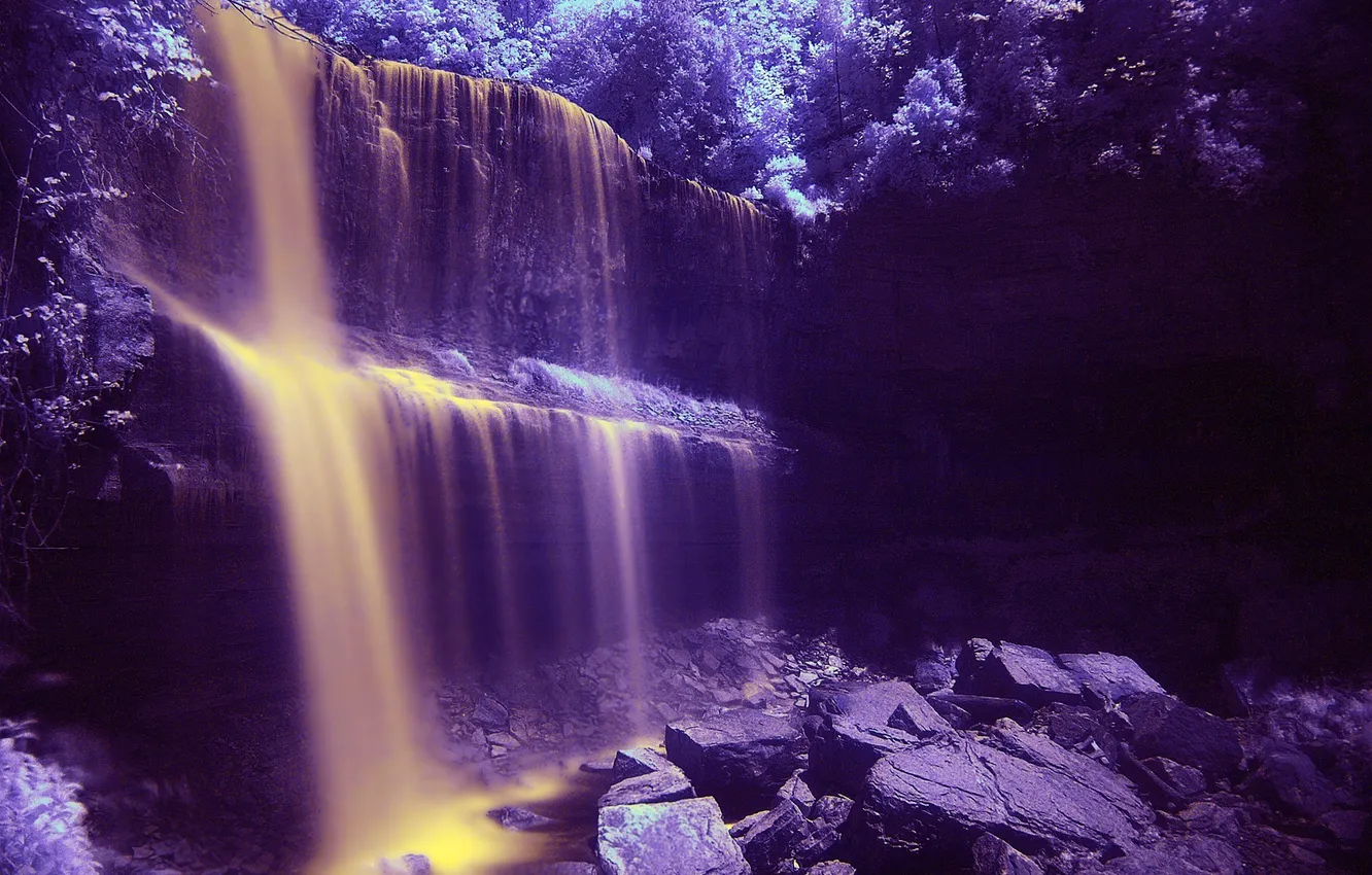 Photo wallpaper light, trees, stones, color, waterfall, stream