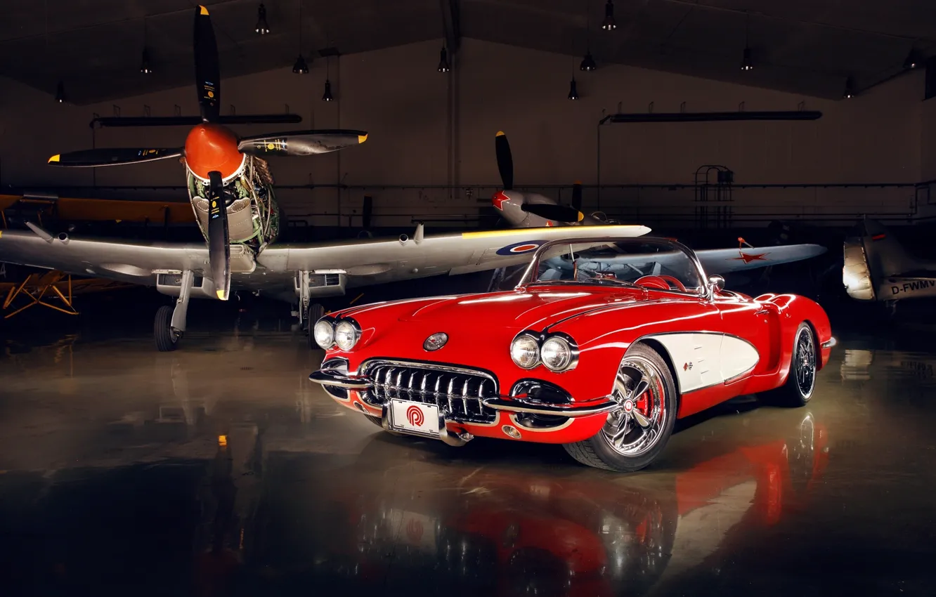 Photo wallpaper red, tuning, Corvette, Chevrolet, hangar, twilight, Chevrolet, drives
