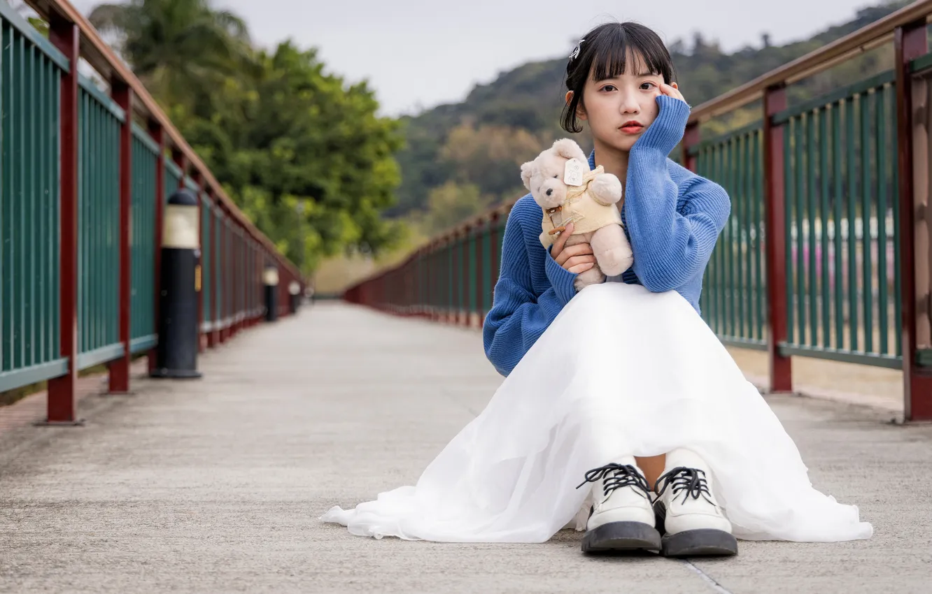 Photo wallpaper girl, bear, Asian