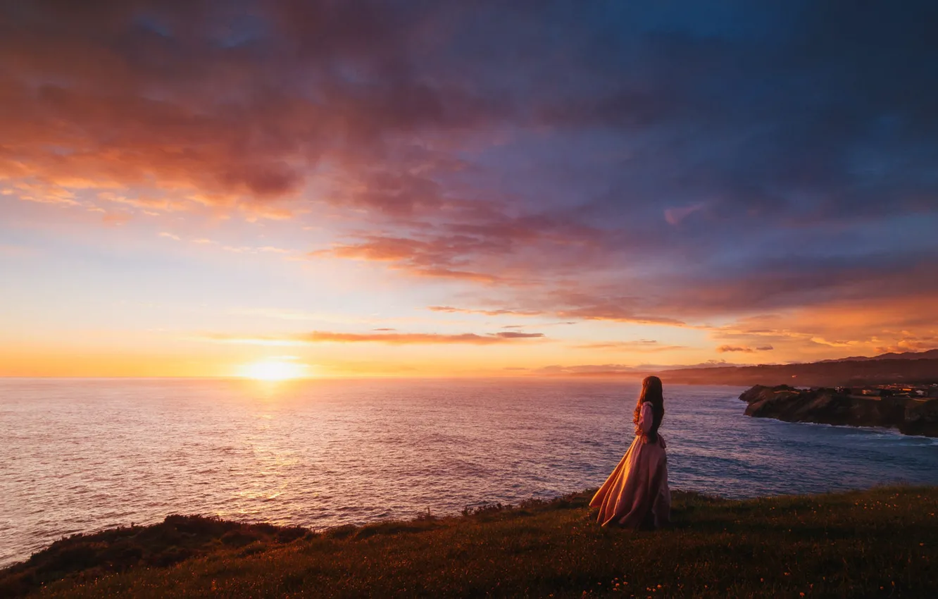 Photo wallpaper morning, romance, look into the distance, shore, sea, girl, dal, the sun