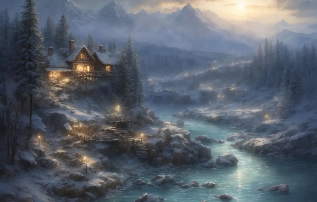 Photo wallpaper snow, mountains, river, stones, open, home, spruce
