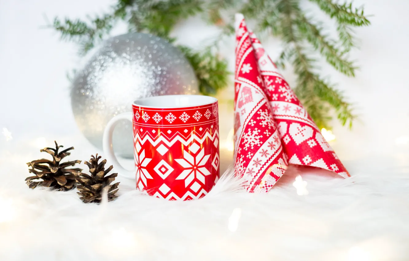 Photo wallpaper background, holiday, pattern, new year, Christmas, light, ball, mug