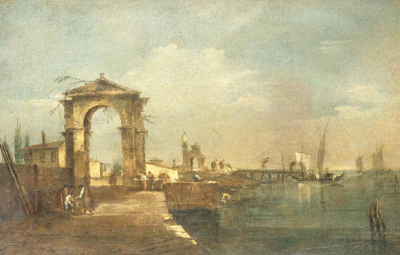 Photo wallpaper oil, picture, canvas, Francesco Guardi, Francesco Guardi, Landscape with a quay and ships, 1780