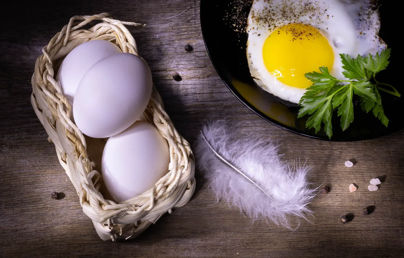 Photo wallpaper table, eggs, scrambled eggs, parsley, spices, a feather, pan