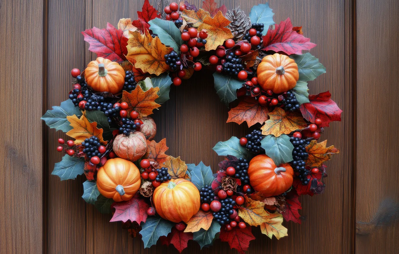 Photo wallpaper autumn, leaves, holiday, Board, pumpkin, Halloween, Halloween, wreath