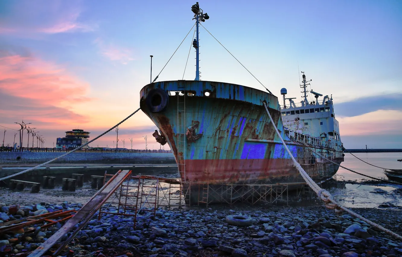 Photo wallpaper the city, ship, pier