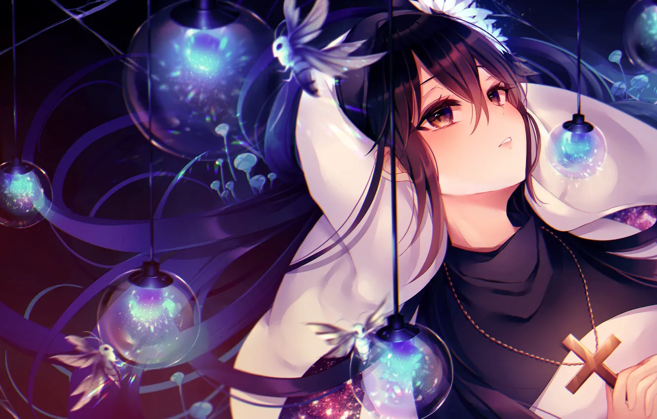 Photo wallpaper girl, lamp, cross, moth