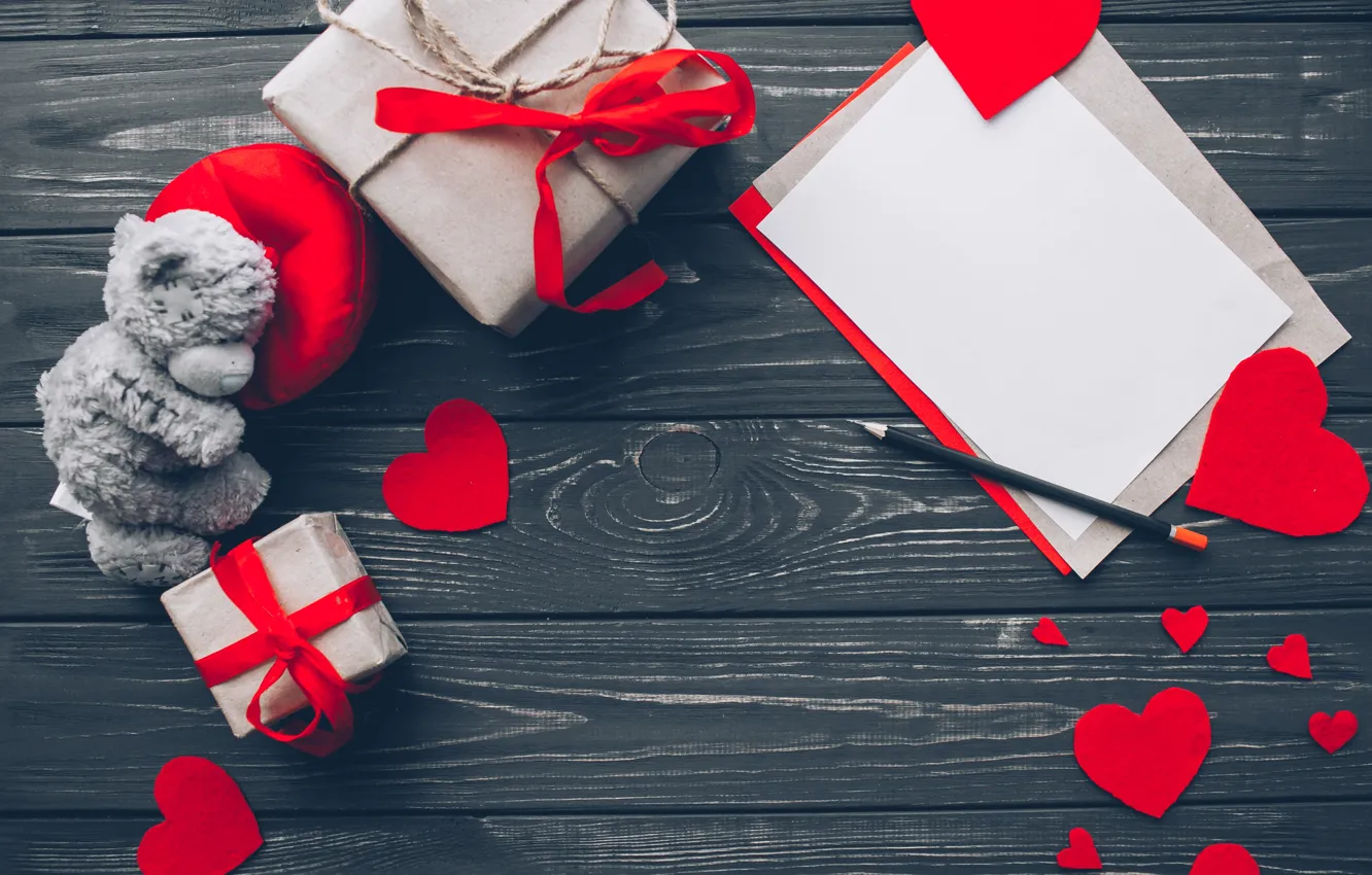 Photo wallpaper love, gift, heart, red, love, bear, wood, romantic