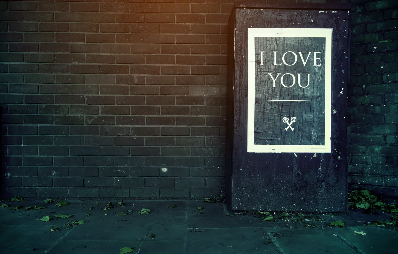 Photo wallpaper text, wall, the inscription, brick, key, I love you