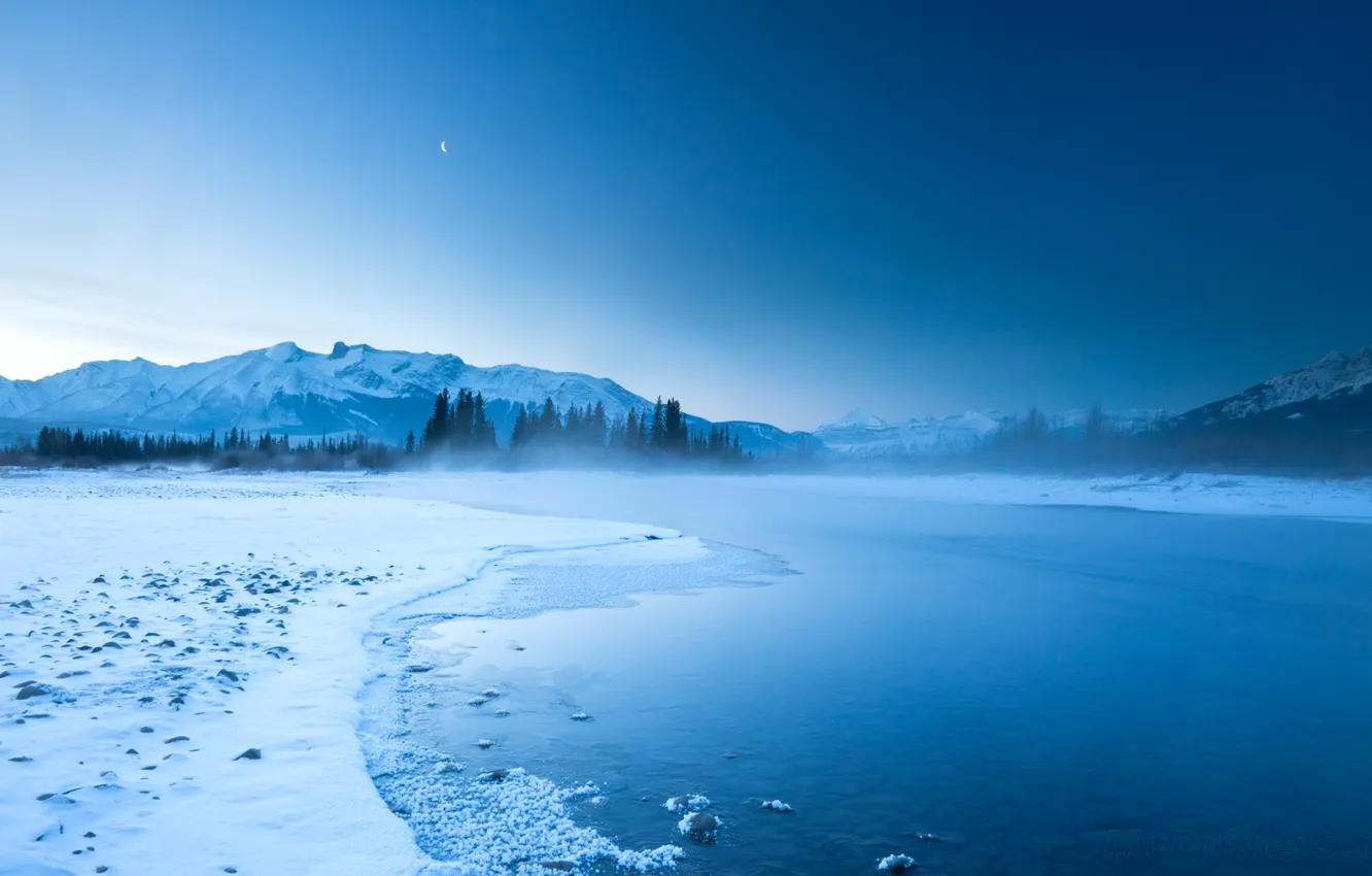 Photo wallpaper the sky, mountains, night, fog, river, rocks, hills, the moon