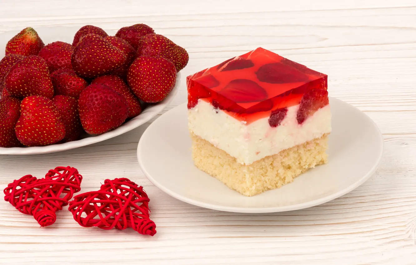 Photo wallpaper strawberry, hearts, cake, cream, jelly, biscuit, Oleg Bannikov