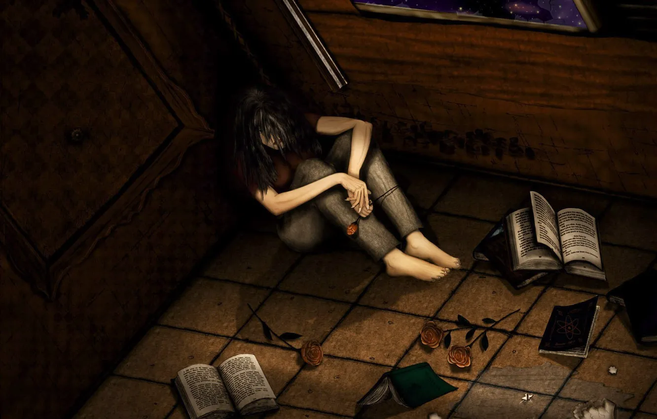 Photo wallpaper sadness, figure, books