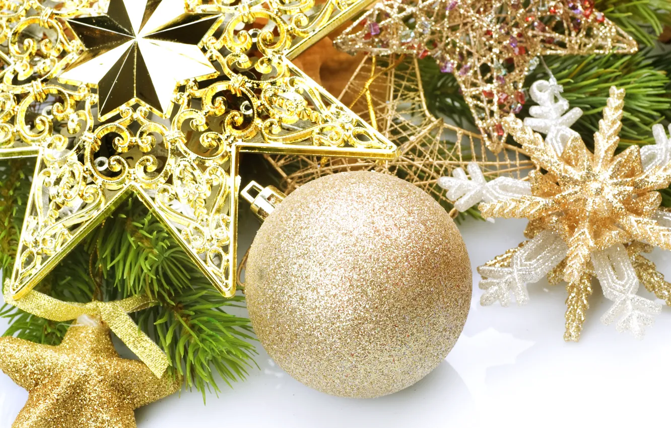 Photo wallpaper stars, decoration, snowflakes, toys, ball, branch, New Year, Christmas