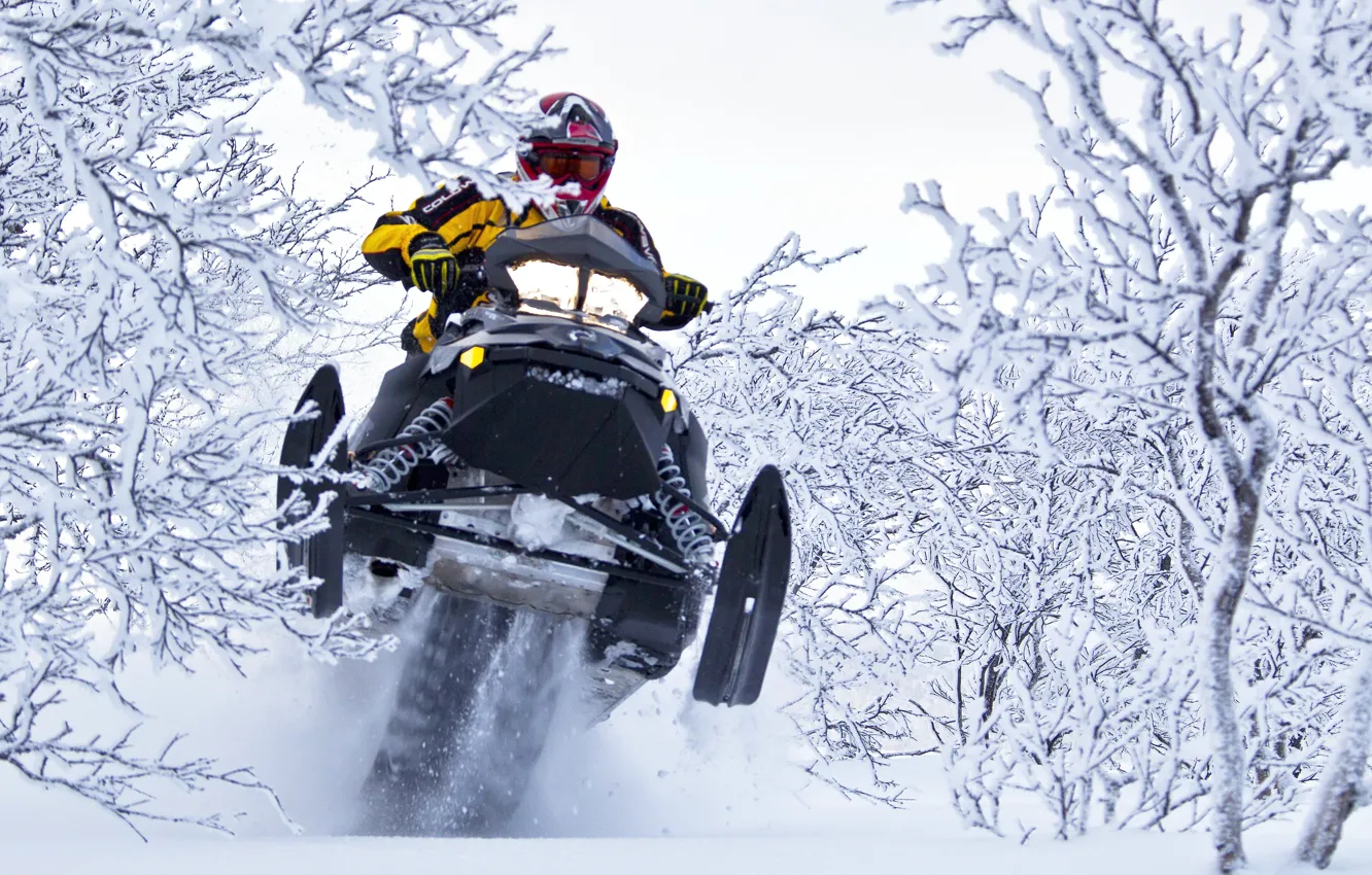 Photo wallpaper Snow, Jump, The bushes, Snowmobile, Snowmobile, Ski-Doo