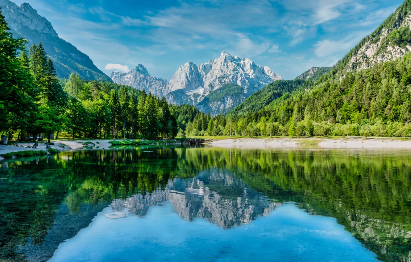Photo wallpaper mountains, lake, reflection, Slovenia