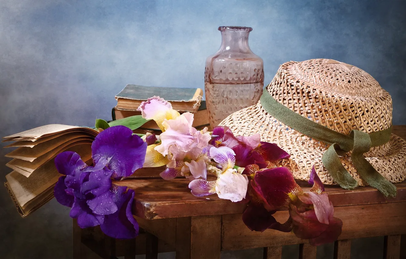 Photo wallpaper flowers, books, hat, vase, irises, table