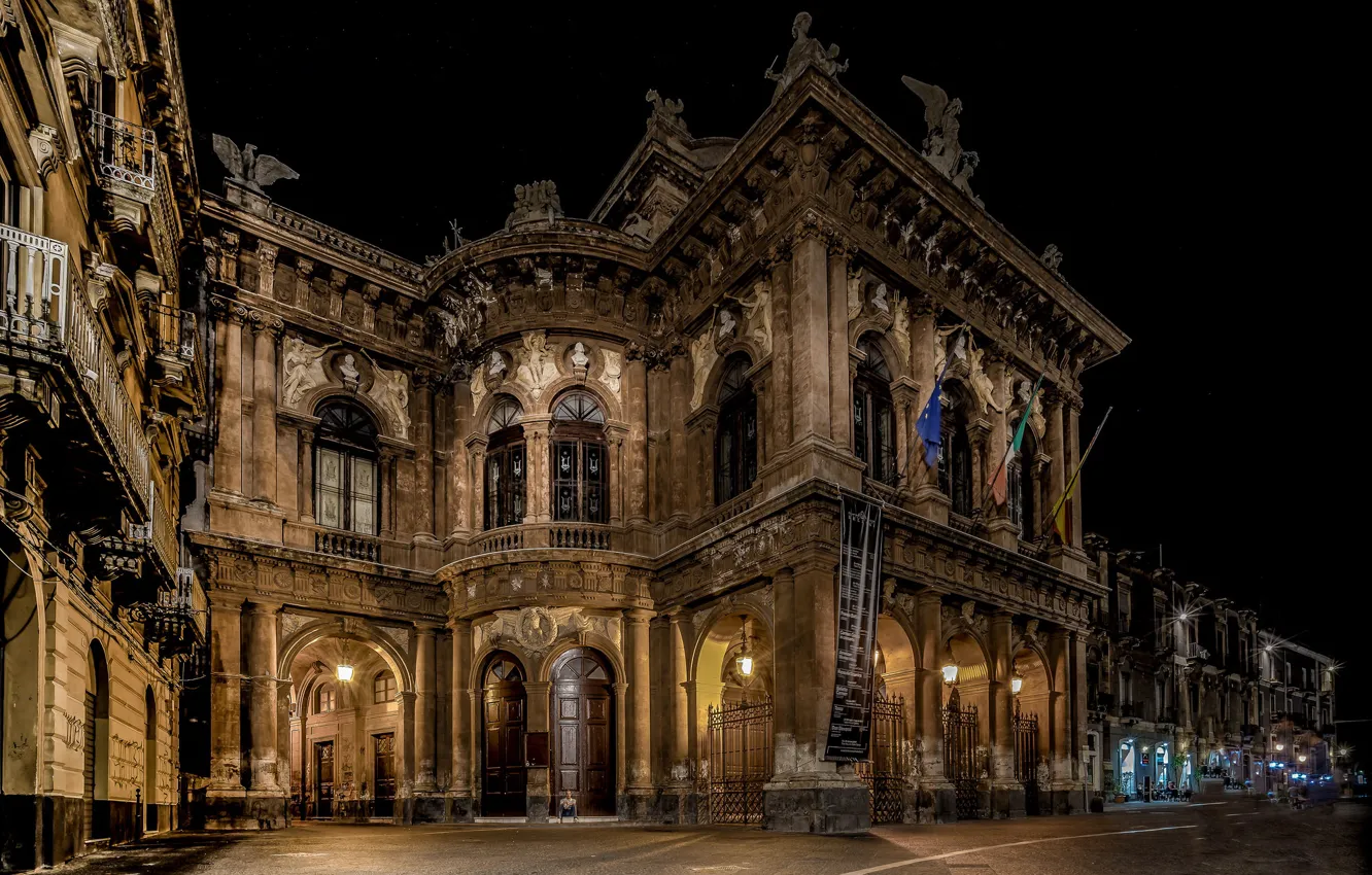 Photo wallpaper night, lights, home, Italy, theatre, riding, Sicily, Massimo Bellini