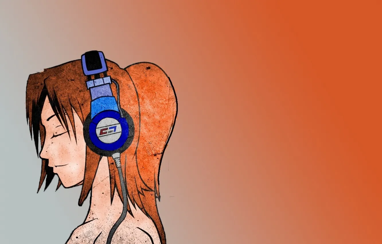 Photo wallpaper girl, orange, minimalism, headphones, headphones, art