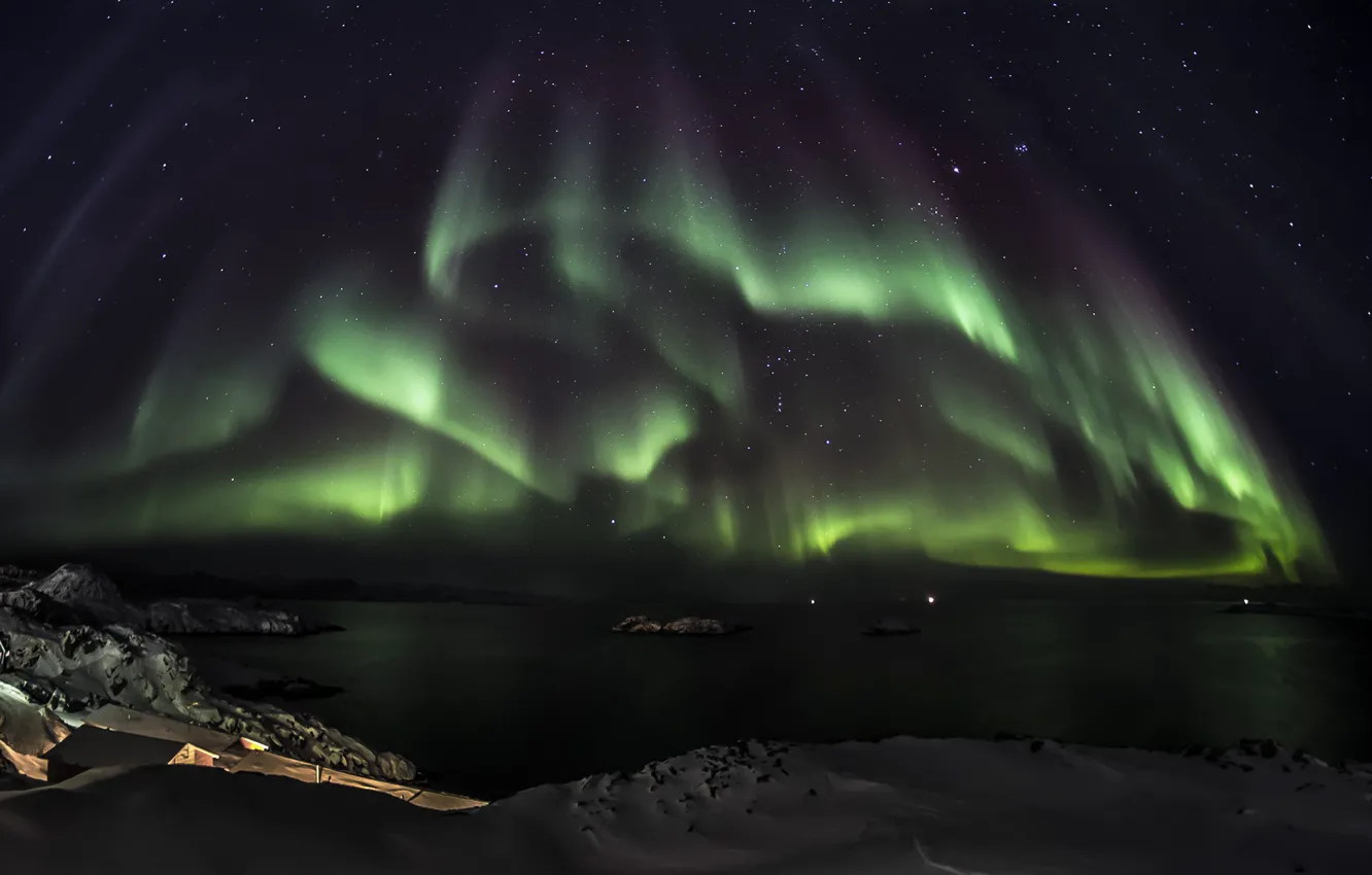 Photo wallpaper stars, snow, night, green, the ocean, Northern lights, Aurora Borealis