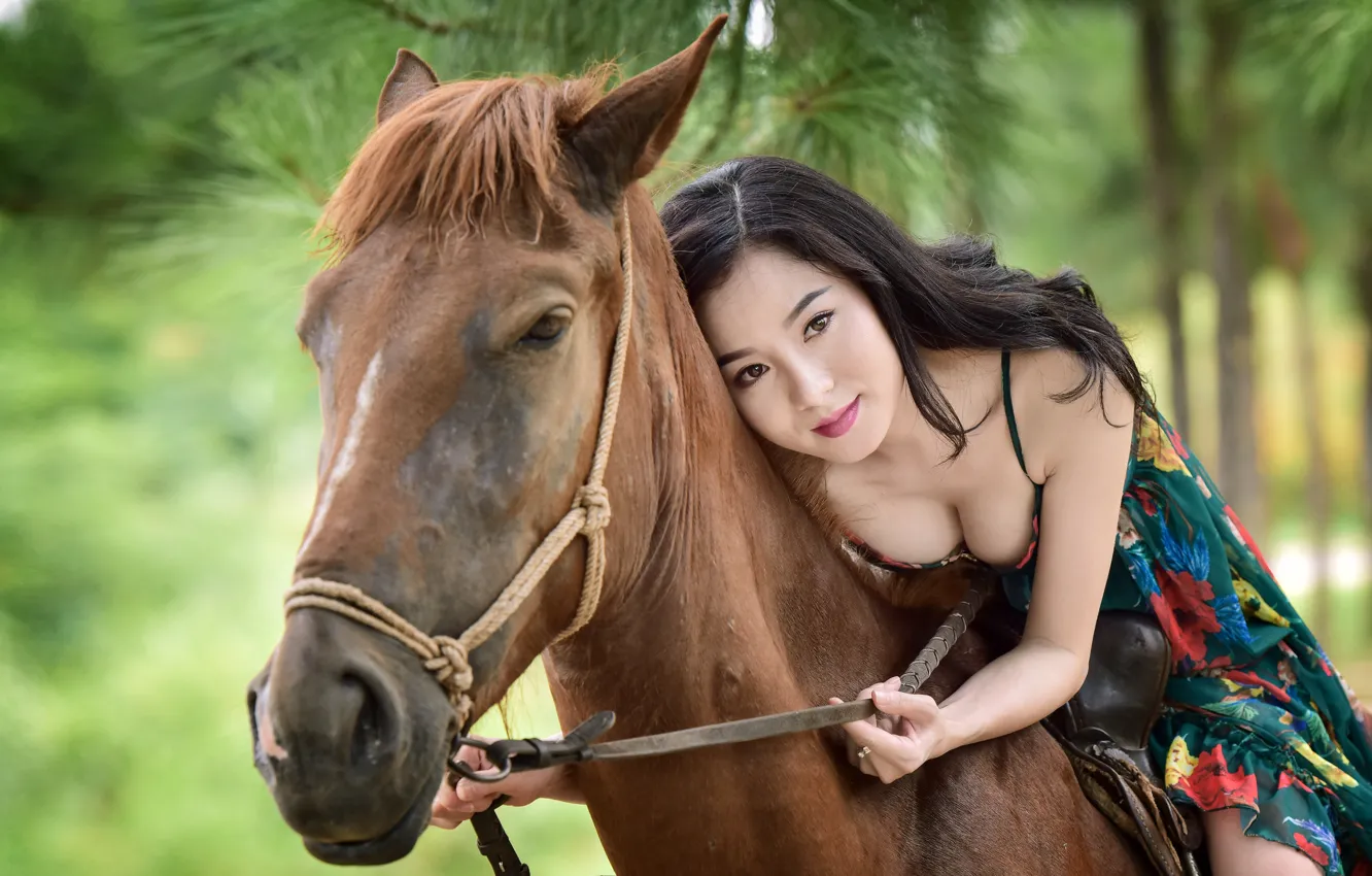 Photo wallpaper summer, face, background, horse, horse, Asian