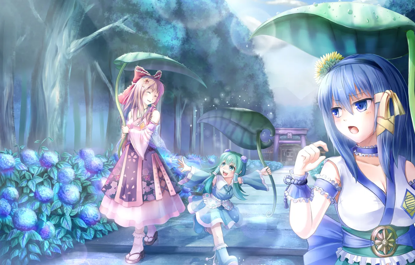 Photo wallpaper road, leaves, girl, trees, flowers, smile, glare, girl