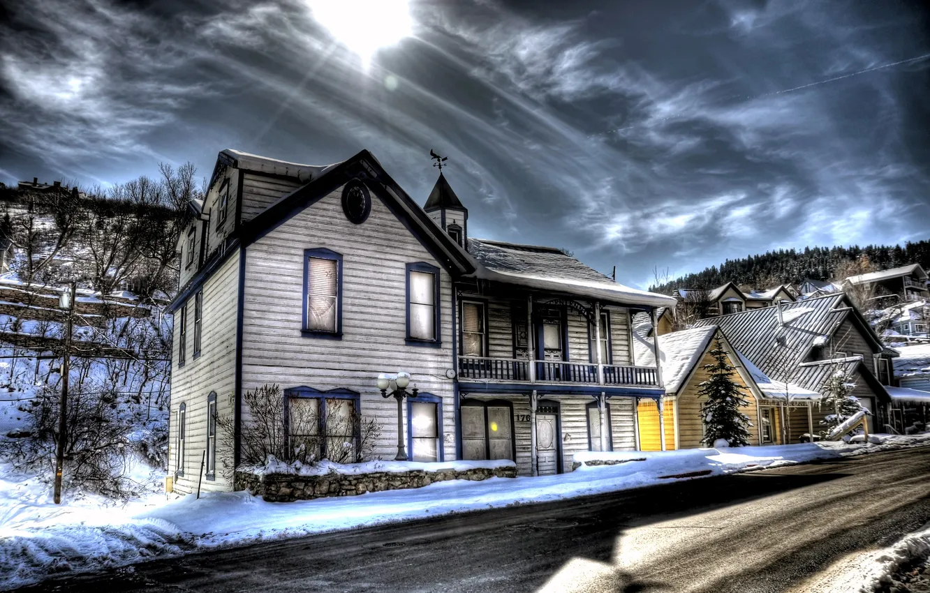 Photo wallpaper road, the sky, clouds, home, excerpt