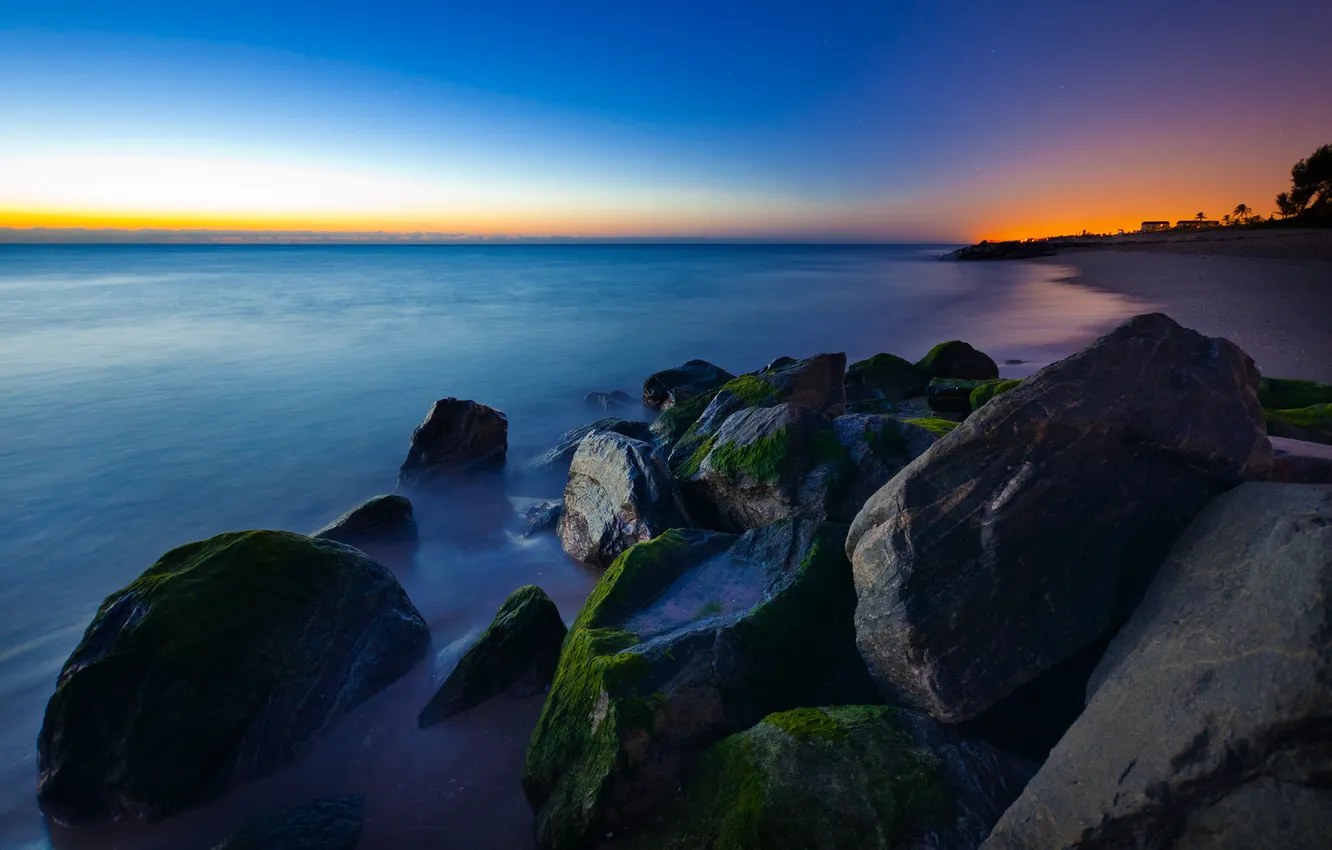 Photo wallpaper sunset, the ocean, rocks