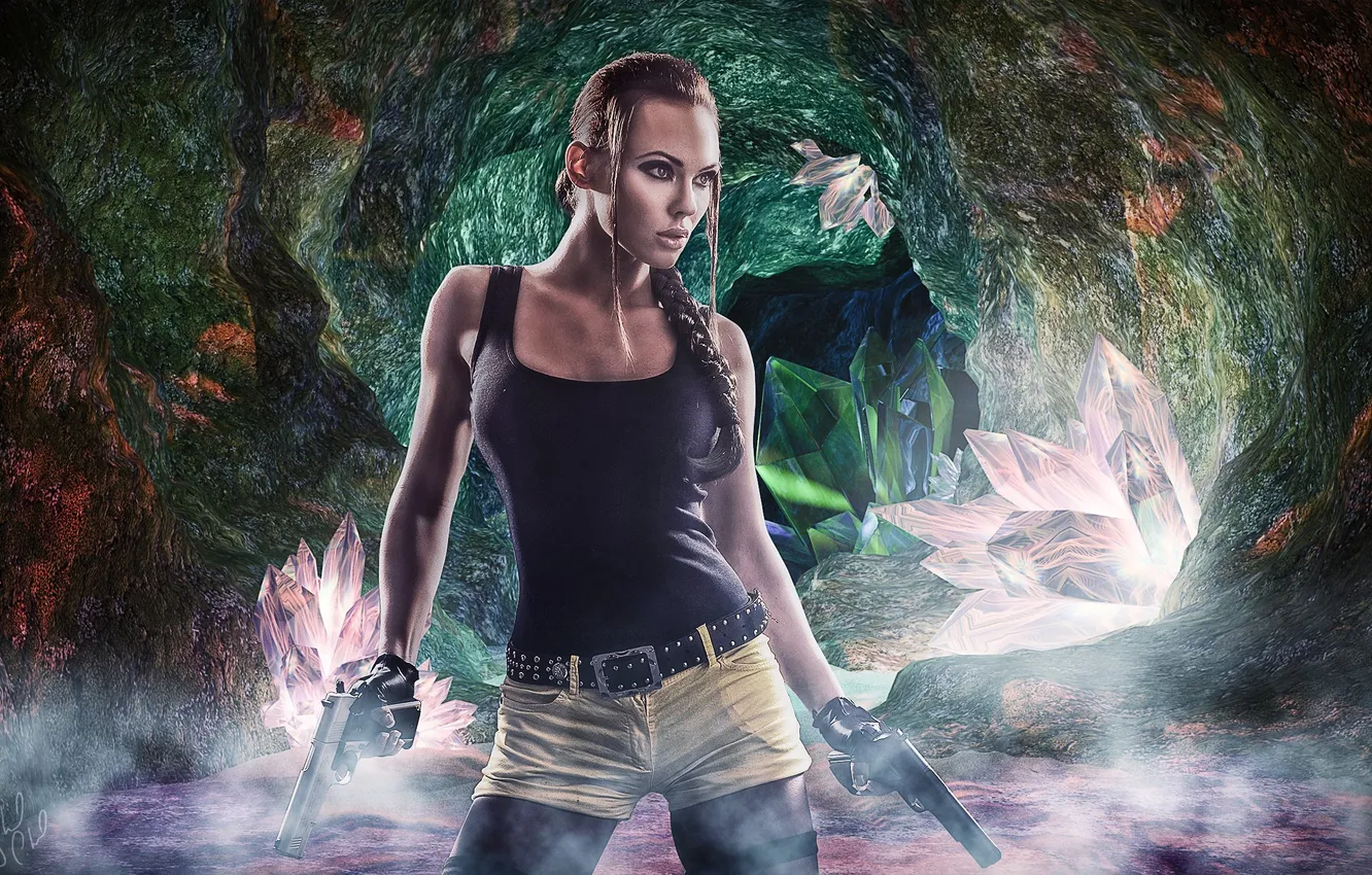 Photo wallpaper look, girl, face, pose, gun, weapons, the game, shorts