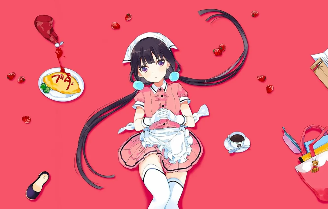 Photo wallpaper strawberry, sweets, gloves, bag, the waitress, pink background, ketchup, apron
