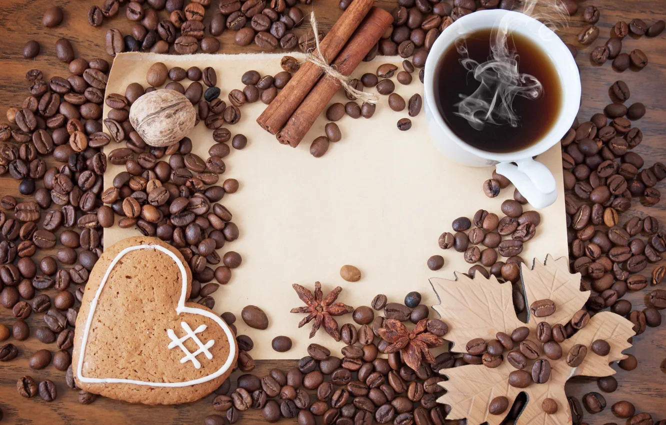 Photo wallpaper coffee, grain, cookies, Cup, hot, heart, coffee beans