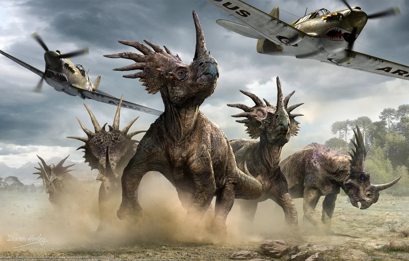 Photo wallpaper dinosaurs, aircraft, Daren Horley, styracosaurus