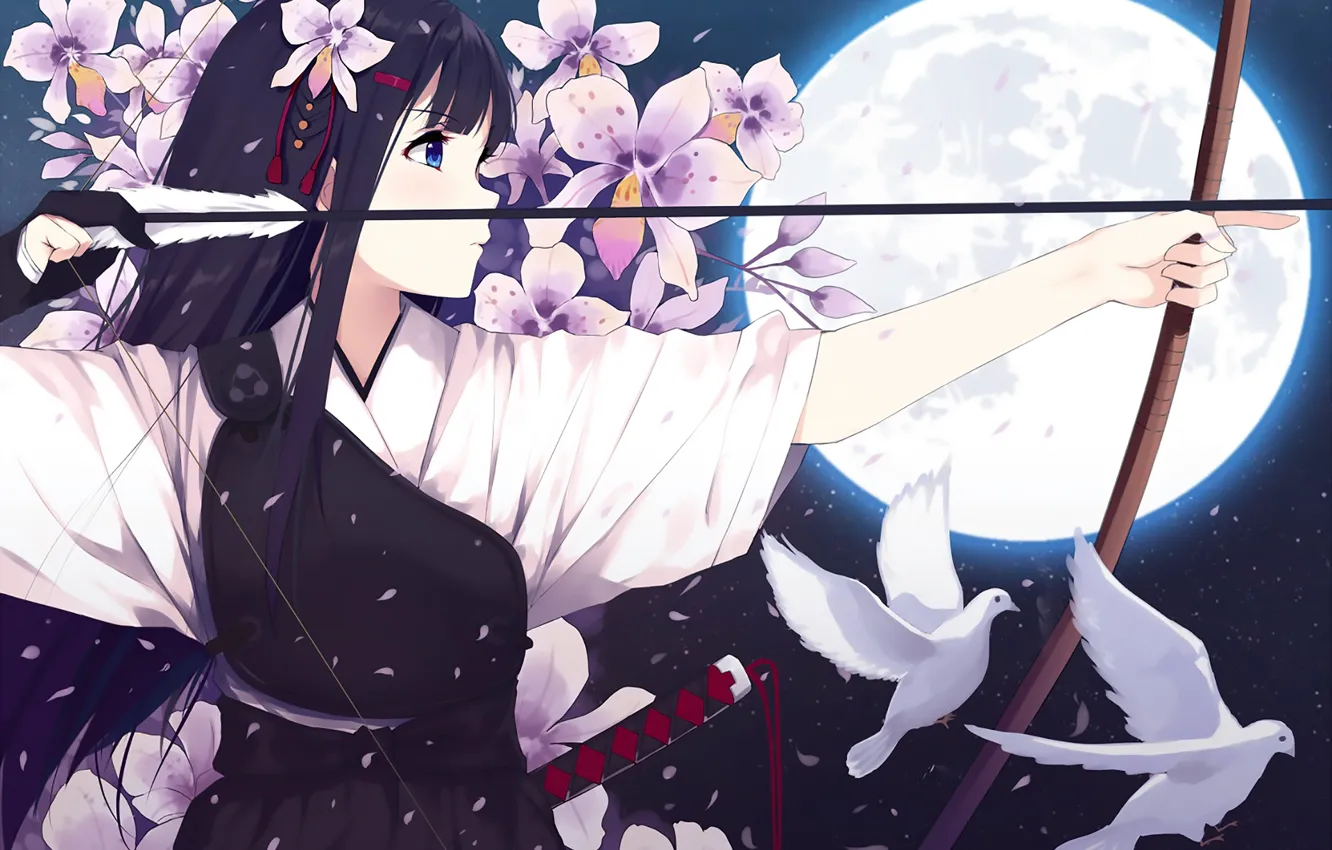 Photo wallpaper girl, flowers, the moon, anime, bow