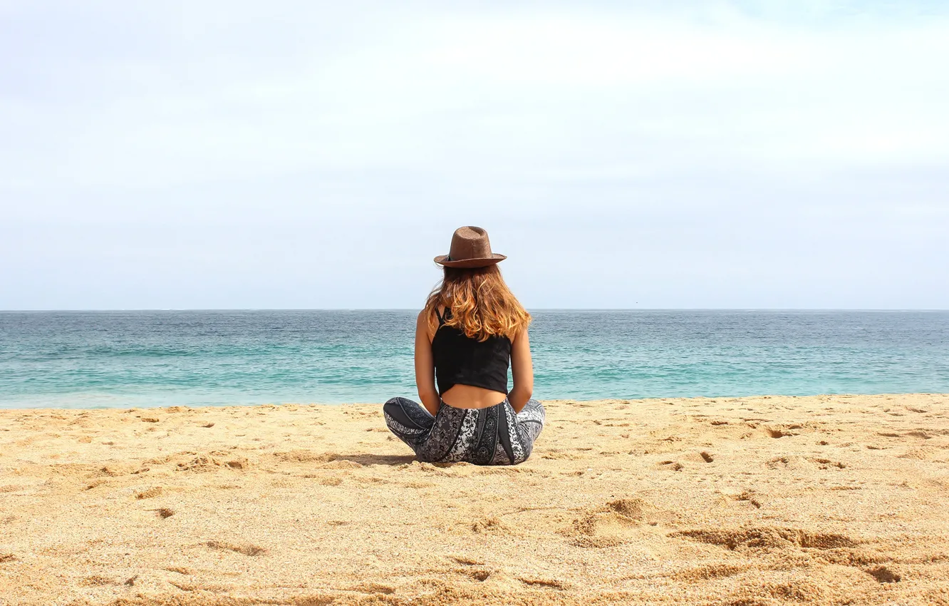 Photo wallpaper sand, sea, summer, girl, coast, back, hat